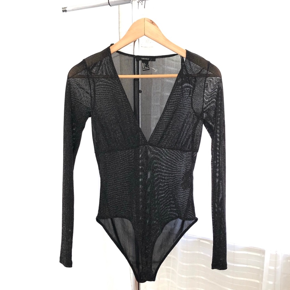 Forever 21 Sheer Metallic Thread Long Sleeve V-Neck Bodysuit
